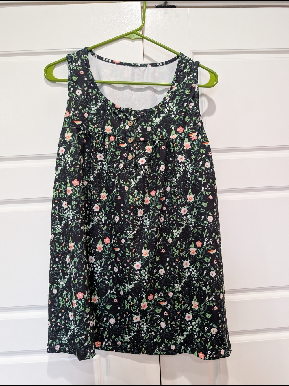 Black Floral Bird Print Button Detail Swing Tank Top Plus Size 0XL NWOT
